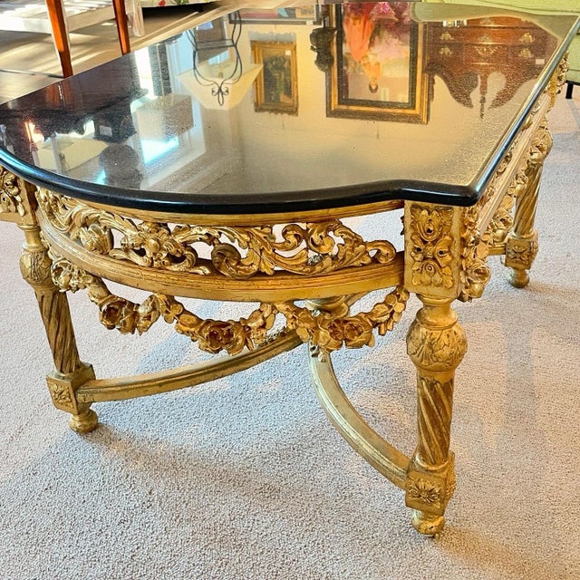 French Antique French Gilt Carved Coffee Table With Black Marble Top For Sale - Image 3 of 7