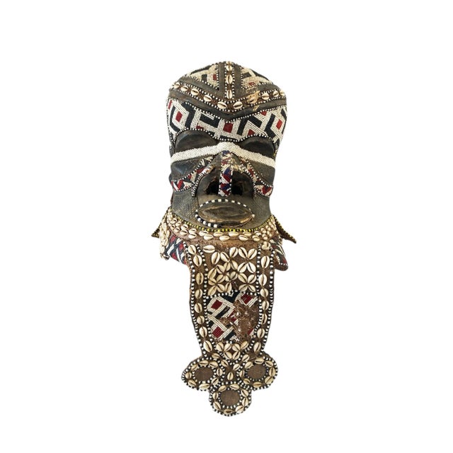 Vintage Large African Tribal Beaded Kuba Royal Head Mask/Helmet Sculpture Congo 11" H For Sale - Image 11 of 12