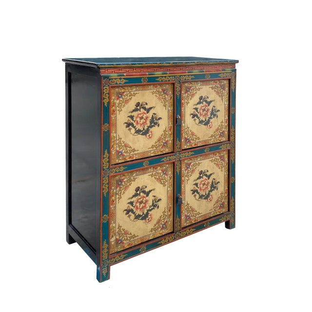 Chinese Tibetan Treasure Color Flower Graphic Credenza Storage Cabinet For Sale - Image 4 of 5