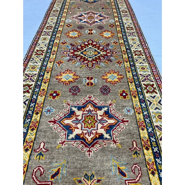 Extra-Long Olive Gold Kazak-Style Wool Runner Rug With Geometric ...