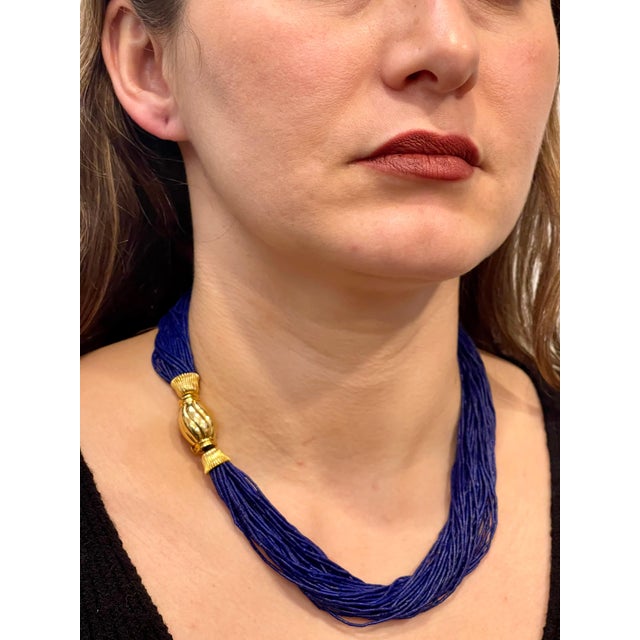 2010s Certified Vintage Lapis Lazuli Multi Strand Necklace 14 Kt Yellow Gold Clasp For Sale - Image 5 of 18