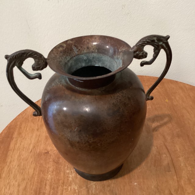 Metal Vintage Roman Style Amphora Vase/Urn With Jaguar Ornate Handles Weathered Patina For Sale - Image 7 of 12