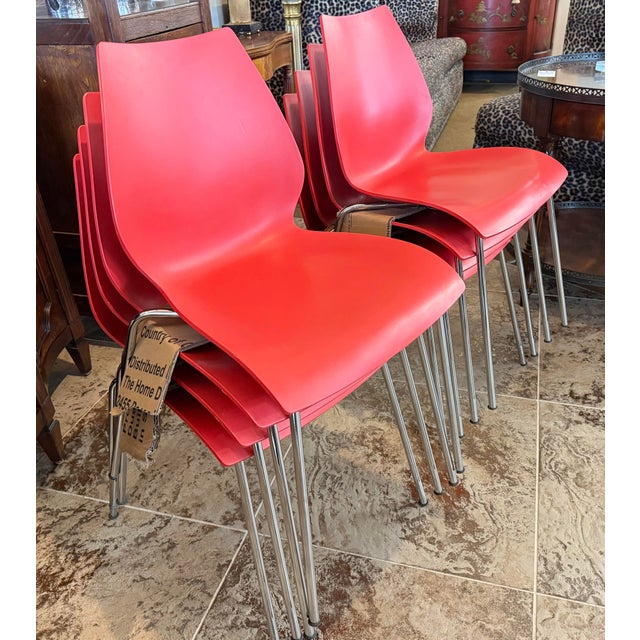 Textile Signed Set 8 Italian Maui Kartell Red Dining Chairs Designed Bu Vico Magistretti For Sale - Image 7 of 11