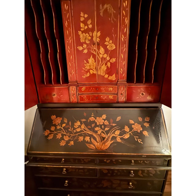 Chinoiserie George I Style Black & Gold Chinoiserie Secretary Desk With Red Interior For Sale - Image 3 of 5