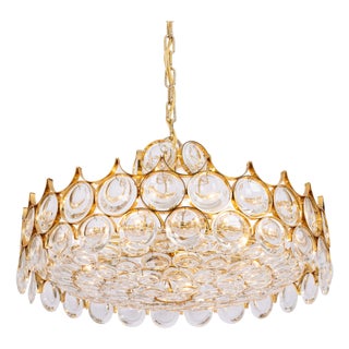 Large Gilt Brass and Crystal Chandelier attributed to Sciolari for Palwa, Germany, 1970s For Sale