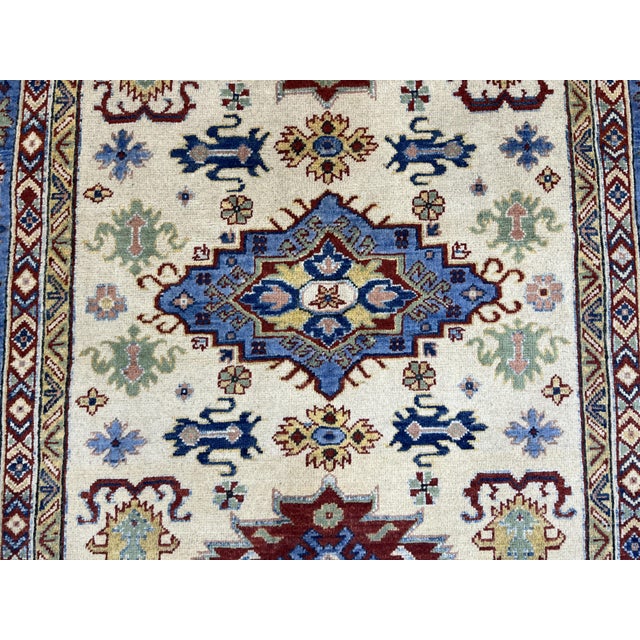 Ivory and Blue Kazak Wool Area Rug With Tribal Medallions, 4'10" X 6'7" For Sale - Image 4 of 15