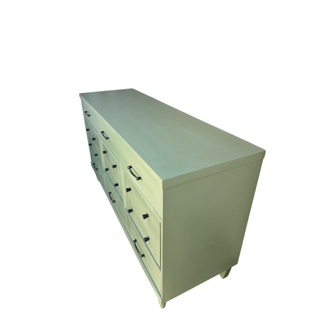 Green Custom Refinished Mid-Century Modern Sage Green 12-Drawer Dresser With Frameless Mirror For Sale - Image 8 of 8