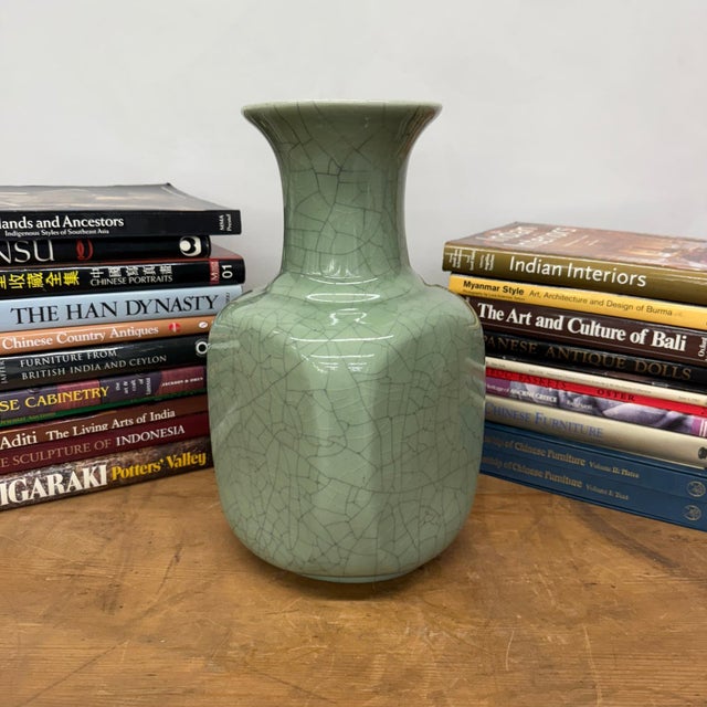 Elegant Green Ceramic Vase with Intricate Crackle Finish For Sale - Image 4 of 9