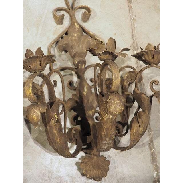 Set of Four Vintage French 3-Arm Iron and Tole Sconces, Distressed Gilt Finish For Sale - Image 17 of 18