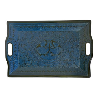 Vintage Embossed Blue and Black Animal Lacquered Tray For Sale