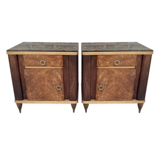 Italian Walnut and Beech Wood Nightstands with Black Glass, 1940s, Set of 2 For Sale
