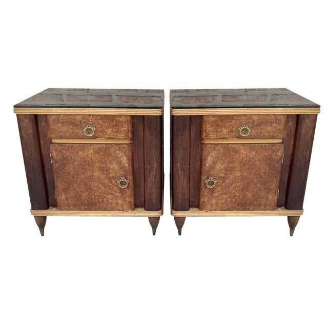 Italian Walnut and Beech Wood Nightstands with Black Glass, 1940s, Set of 2 For Sale
