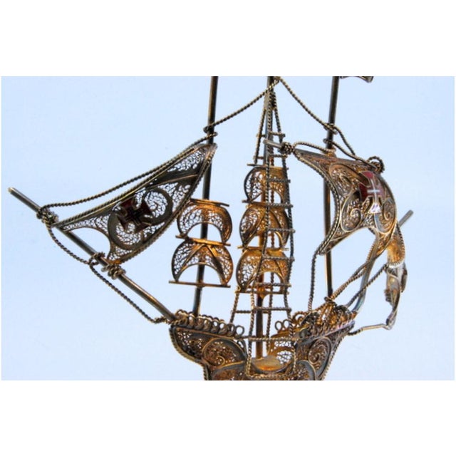 Silver Silver Filigree Caravel with Enamelled Crosses on the Sails and Masts For Sale - Image 8 of 11