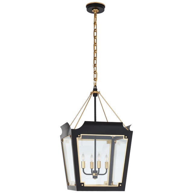 Julie Neill for Visual Comfort Signature Caddo Medium Lantern in Matte Black & Gild with Clear Glass For Sale