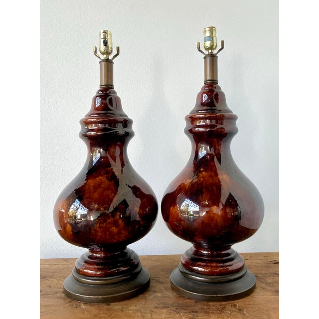 Mid-Century Modern Vintage Boho Chocolate Glazed Ceramic Lamps - A Pair For Sale - Image 3 of 12