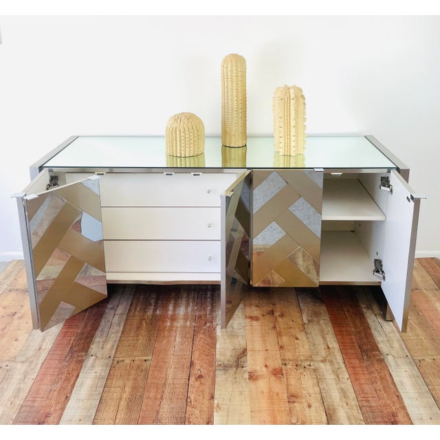 Vintage 1970s Ello Mirror & Brushed Metal Metal Mid Century Modern 5 Door Credenza Cabinet For Sale - Image 13 of 15