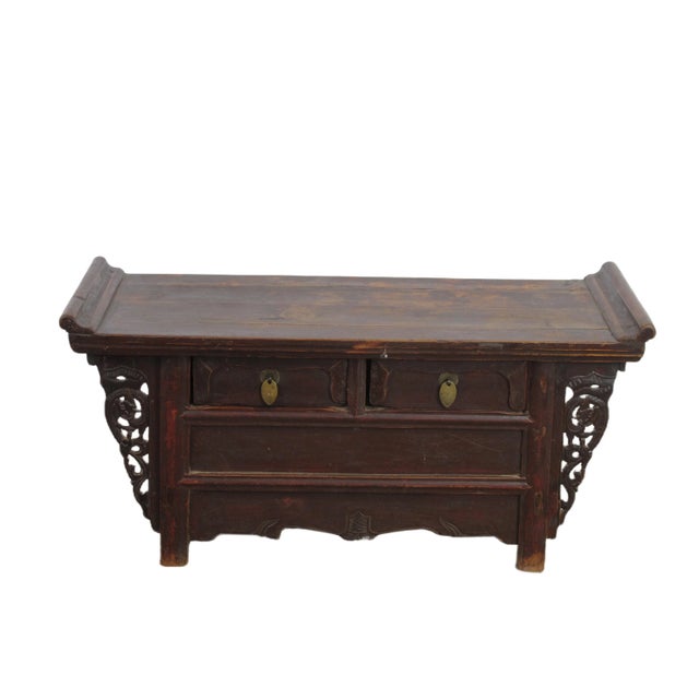 This small antique Chinese side table has hand-carved drawers, adored with rich patina and original brown color. This over...