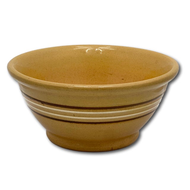 Goldenrod Nice Antique Thick & Heavy 9.25 Inch Brown & White Banded Yellow Ware Kitchen Batter Mixing Bowl Late 1800s For Sale - Image 8 of 14