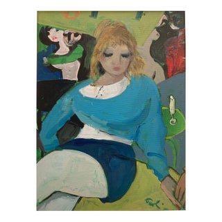 1984 Bruno Paoli "The Sweater" Original Italian Modern Figurative Portrait, 20th Century Florence Italy Fine Art Painting, Oil on Canvas, 27x23" For Sale