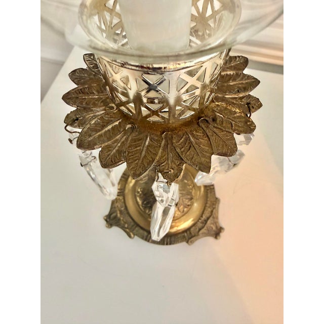 Pair of Vintage Brass Accent Lamps With Chandelier Crystal Prisms & Etched Glass Shades For Sale - Image 11 of 12