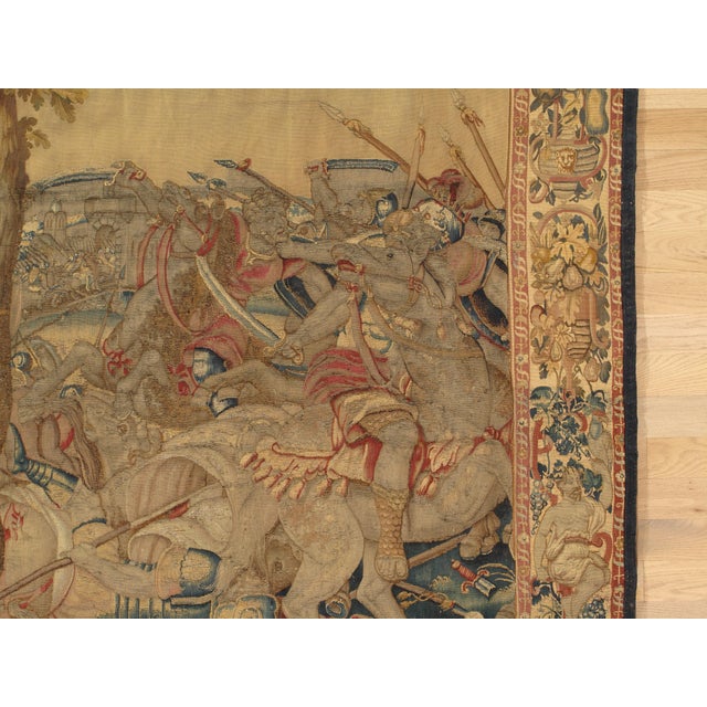Textile 17th Century Fine Brussels Tapestry, Silk Wool, Green, Blue, Red, Battle Scene For Sale - Image 7 of 18
