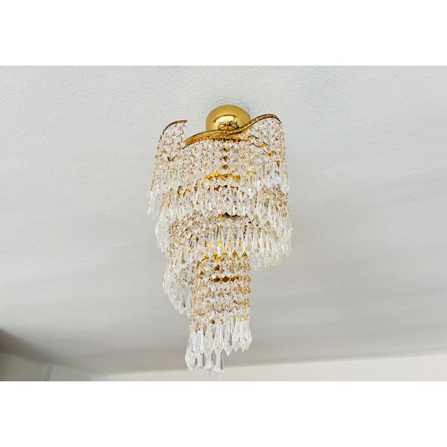 Brass 1960s French Style Custom Designed Crystal Waterfall Flush Mount Chandelier – 1 Light For Sale - Image 8 of 18