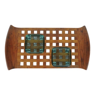 1960s Jens Quistgaard Danish Modern Teak Lattice Tray With Glass Inserts For Sale