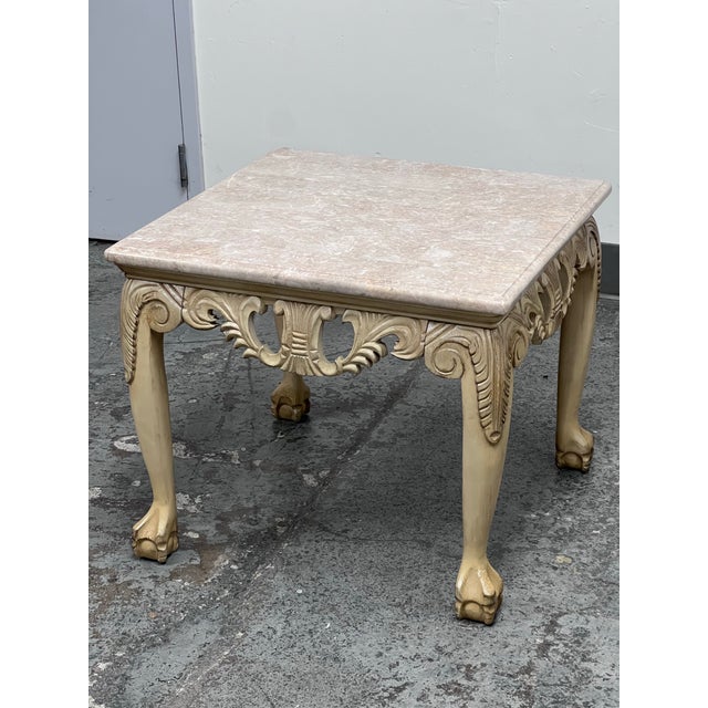 French Provincial Schnadig Fine Furniture French Provincial Carved Wood + Marble Side Table For Sale - Image 3 of 12