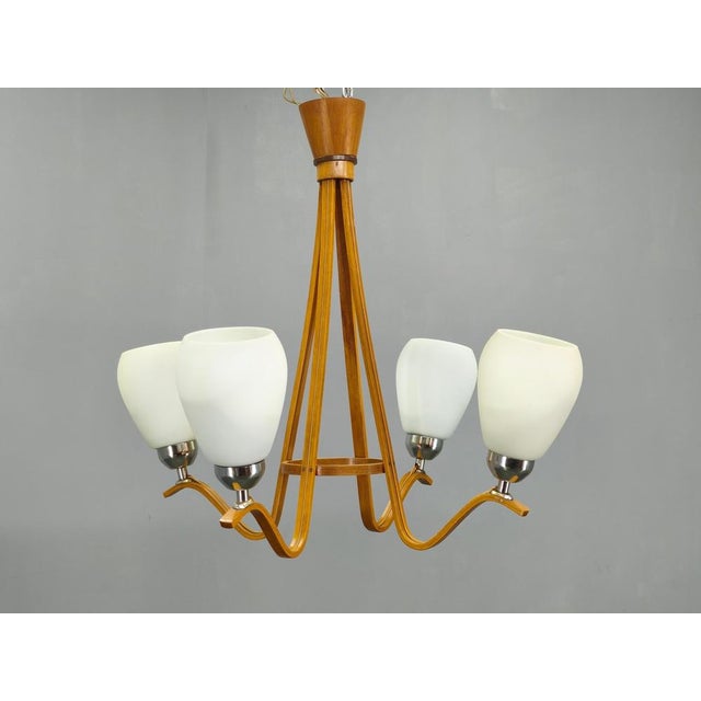 Mid-Century Czech Wood and Glass Chandeliers by Dřevo Humpolec, 1970s, Set of 2 For Sale - Image 4 of 15