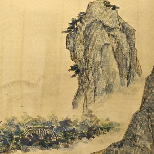 Chinese Silk Shan-Shui Landscape With Temple and Mountain, Signed and Sealed For Sale - Image 4 of 12