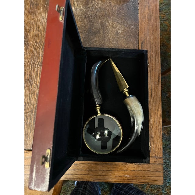Vintage Letter Opener and Magnifying Glass With Polished Horn Handles, Copper and Brass Trim With Wood Case. For Sale - Image 11 of 12