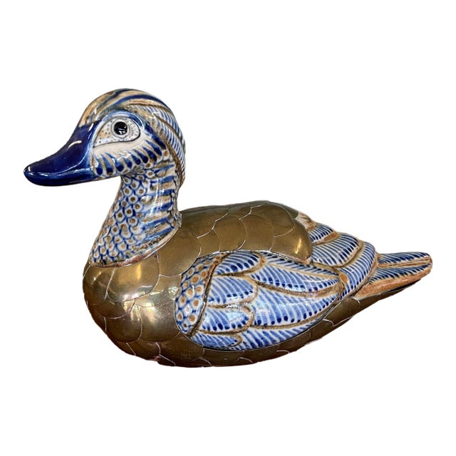 Vintage Chinese Cloisonné and Ceramic Duck Figurine With Hand-Painted Detailing. For Sale