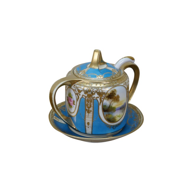 French Country Antique Noritake Turquoise Blue & Gold Lidded Sugar Bowl W/ Spoon For Sale - Image 3 of 18