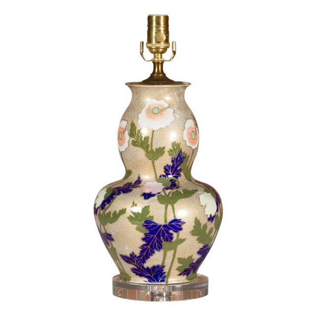 Mid 20th Century French Porcelain Bulbous Table Lamp with Floral Décor on Lucite Base For Sale