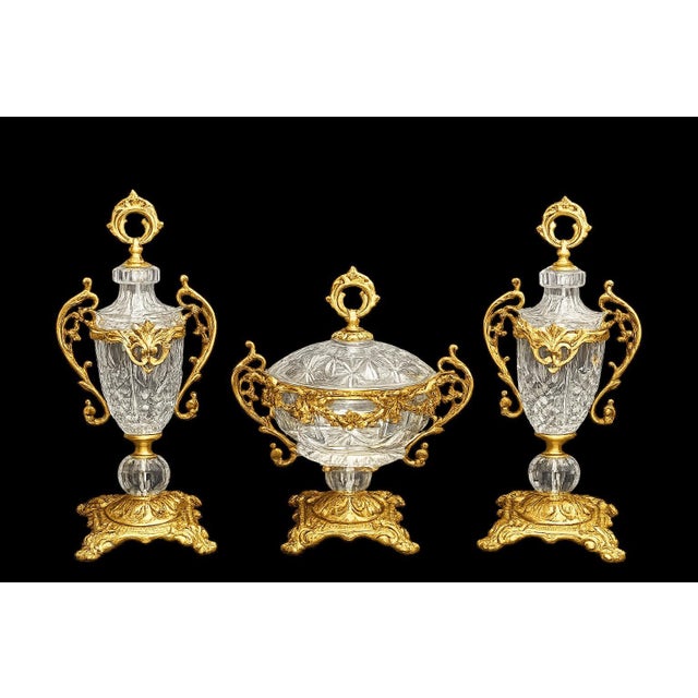 Elevate your interior with this breathtaking Luxury Crystal & Ormolu Garniture Set, featuring a matching pair of crystal...