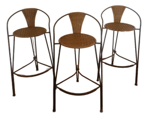 1980s French Iron and Wicker Bar Stools - Set of 3