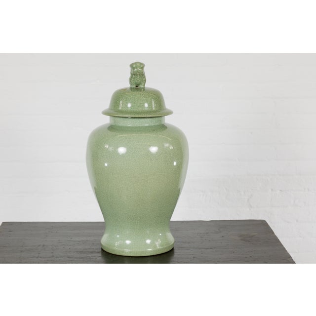 Crackle Green Celadon Lidded Vase with Stylized Foo Dog Finial For Sale - Image 11 of 12