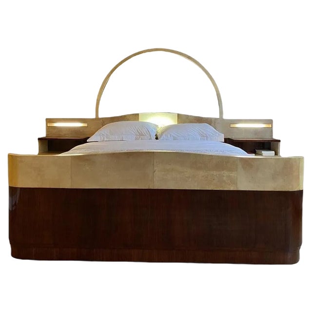 Large Art Deco Bed with Integrated Bedside Tables in Wood and Parchment, 1940s For Sale