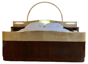 Large Art Deco Bed with Integrated Bedside Tables in Wood and Parchment, 1940s