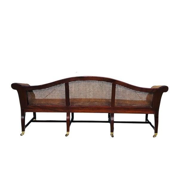 Authenticated Antique Federal Mahogany Caned Settee Sofa, Circa 1800–1815 – Serpentine Back, Reeded Scroll Arms & Original Brass Casters For Sale - Image 9 of 18