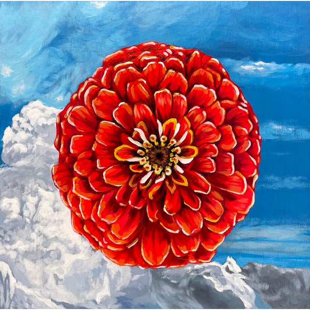 Zinnia Sky by Alexandrea Pangburn | Acrylic paint on wood panel Red zinnia flower against a blue sky. For Sale