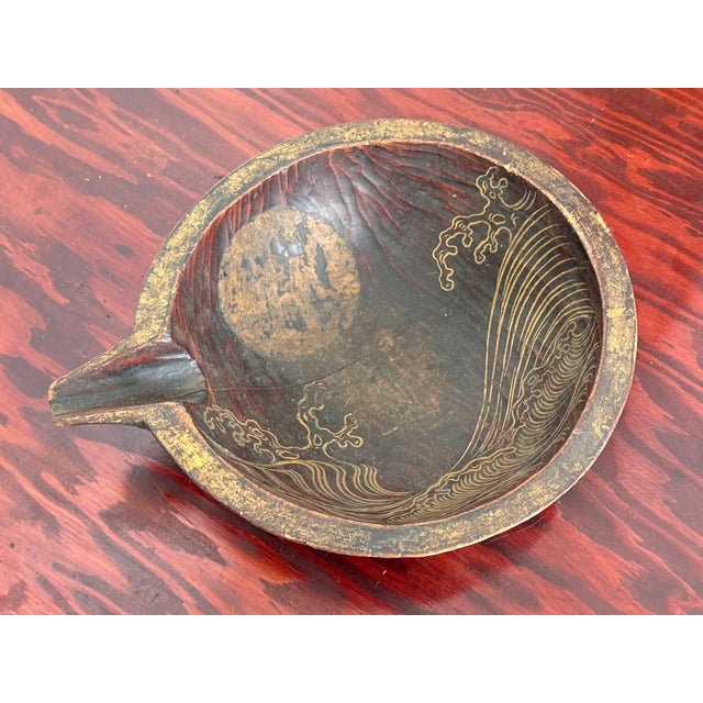 Vintage Japanese Style Carved Wood Lacquer Spouted Bowl With Wave and Moon For Sale - Image 6 of 6
