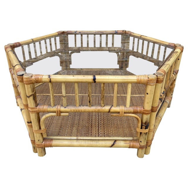 Brown Mid 20th Century Hexagonal Bamboo Coffee Table For Sale - Image 8 of 8