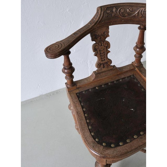 Antique Carved Corner Chair with Leather Seat For Sale - Image 3 of 10