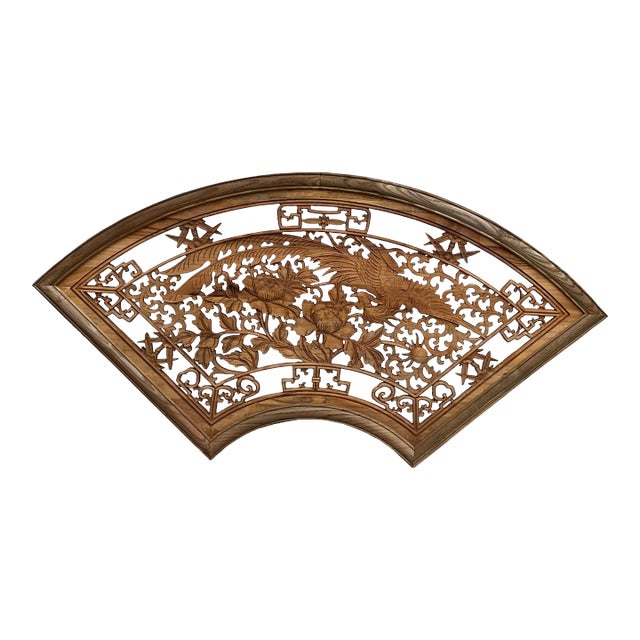 Chinese Fan Shape Phoenix Flowers Wood Wall Hanging Panel For Sale