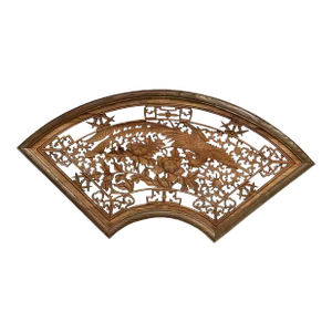 Chinese Fan Shape Phoenix Flowers Wood Wall Hanging Panel