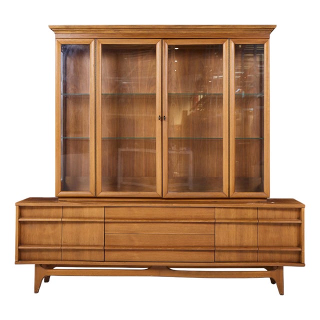 Young Manufacturing Mid Century Walnut Curved Credenza and Hutch For Sale
