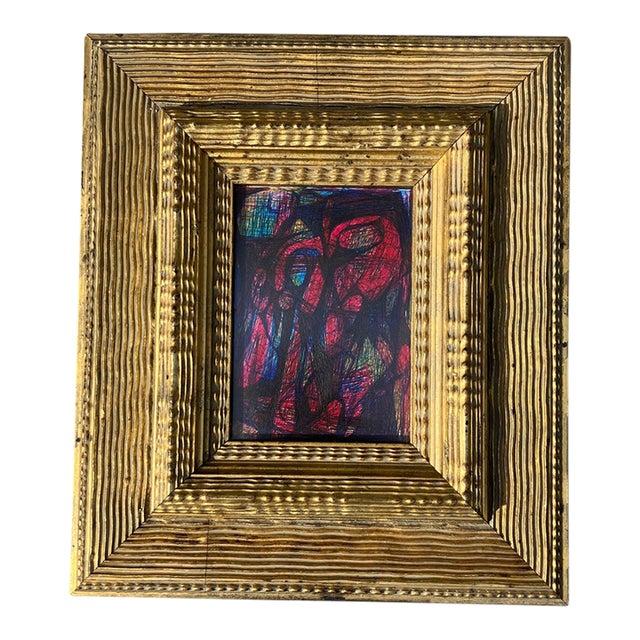 1970’s Original Abstract Expressionist Small Ink Drawing/Painting Chunky Distressed Gold Frame For Sale