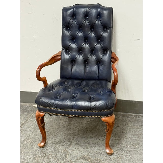 Queen Anne Style Tufted Blue Leather Armchair, Vintage For Sale - Image 4 of 14