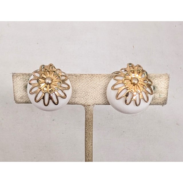 1950s Vintage 1950s Signed Napier Goldtone Filigree Round Domed White Resin Clip Earrings-2 Pieces For Sale - Image 5 of 7